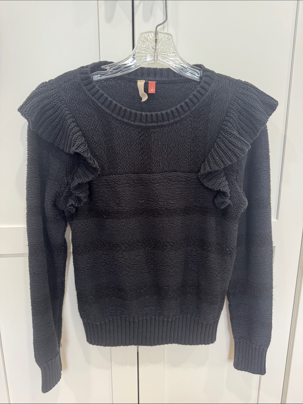 Pilcro Black Ruffle-Shoulder Crew Sweater